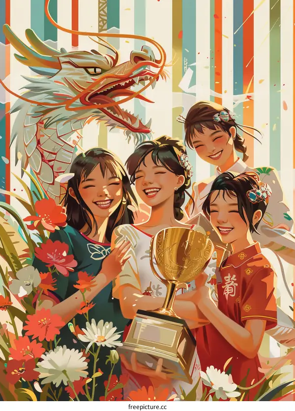 Four cheerful young women in traditional Chinese clothing celebrate a victory with a trophy in hand