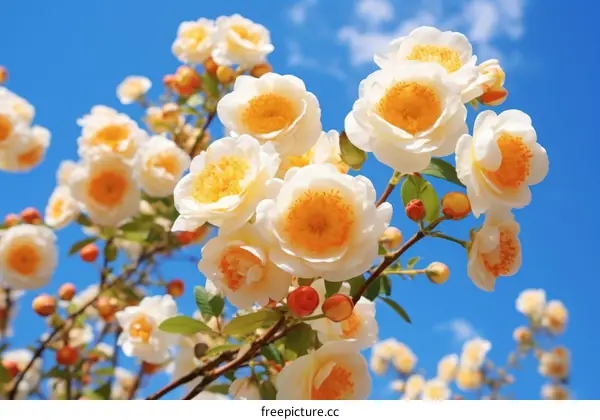 White and Yellow Flowers Blooming in a Blue Sky