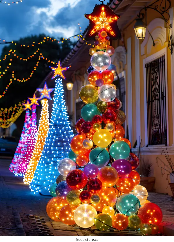 Christmas decorations in the shape of Christmas trees made of shiny balls