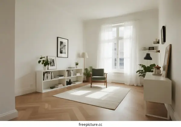 Bright and Minimalist Living Room with White Walls and Wooden Floors