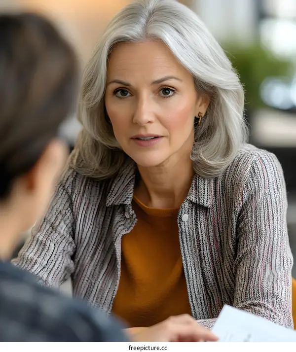 Mature Woman with Grey Hair  Listening Attentively During a Conversation