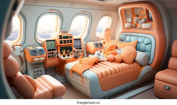 The pilot's seat in the cockpit of a private jet