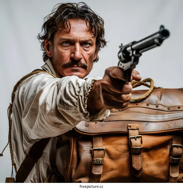 Man with Revolver and Leather Bag