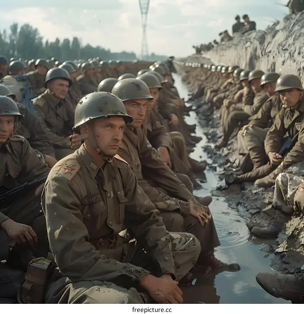 A group of soldiers sitting in a trench during the Battle of Kursk