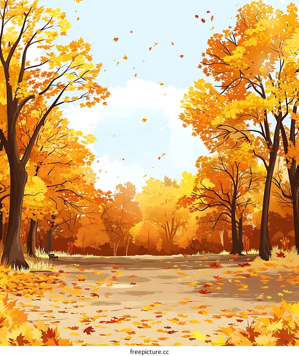 Autumn Forest Landscape with Falling Leaves
