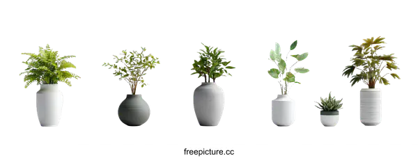 [Transparent Background PNG]Arrangement of Potted Plants in Various Vases