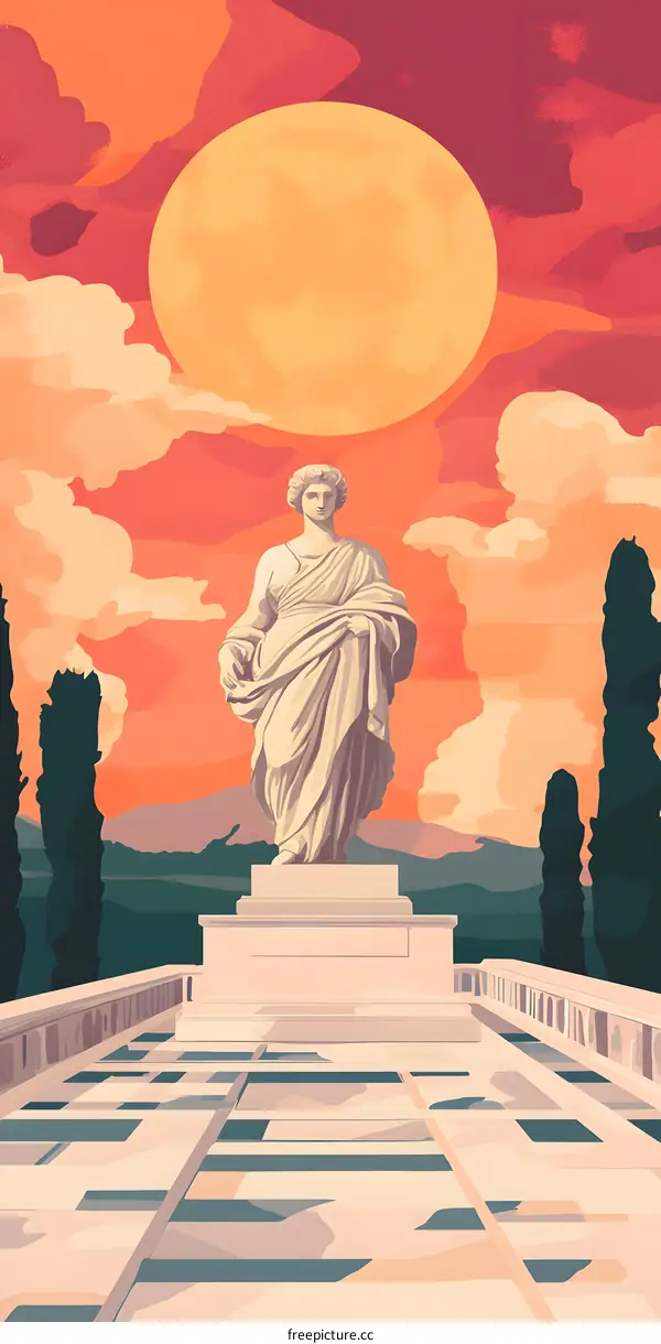 Statue of Woman in Ancient Greece with a Large Sun