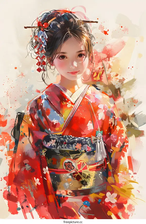 An illustration of a young woman in a red kimono with white and yellow floral patterns and a pink obi sash
