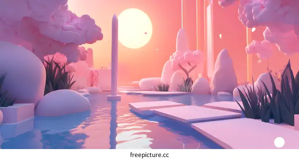 Pink Pastel 3D Fantasy Landscape With Sun