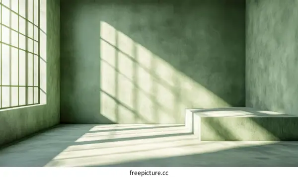 Empty Green Concrete Room with Sunlight and Podium