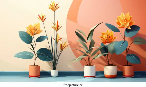 A variety of potted plants in front of a peach and yellow background