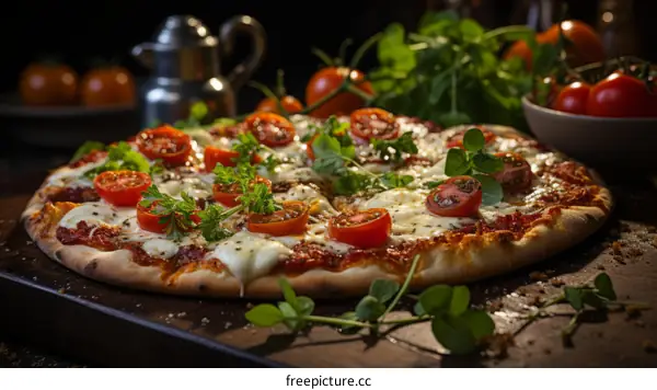 A delicious pizza with tomatoes, cheese, and herbs