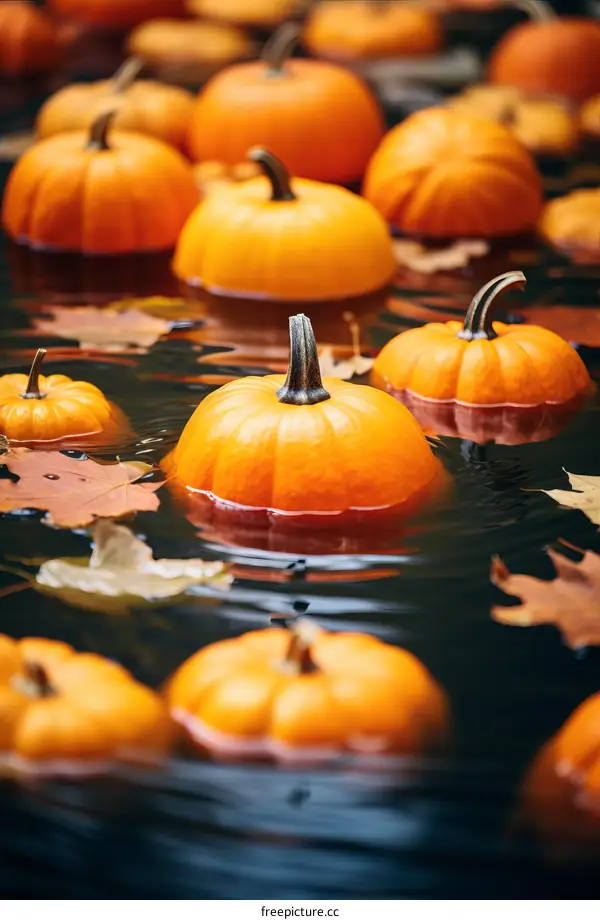 Orange Pumpkins Floating in Water with Fall Foliage