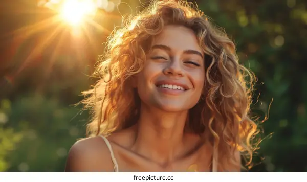portrait of a beautiful smiling woman with curly hair enjoying the sunlight