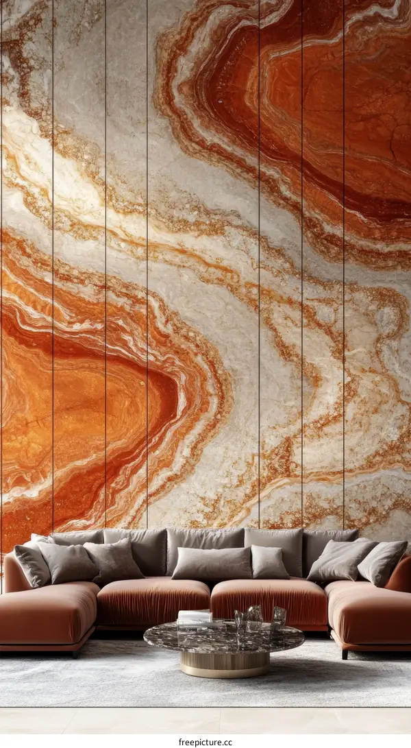 Modern Living Room with Orange Marble Wall Decor