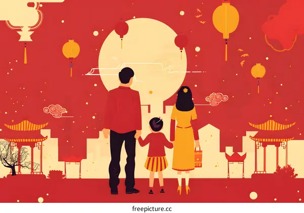 Family Under The Full Moon Chinese Lantern Festival