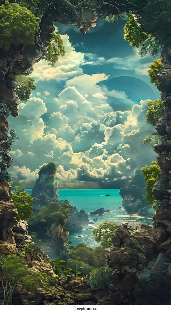 Fantasy Landscape With Green Trees And Blue Water