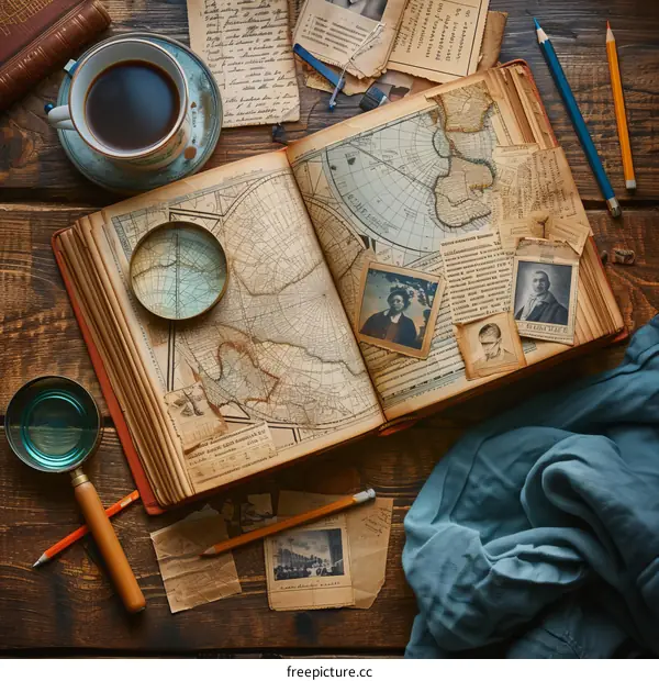 Vintage World Map with Magnifying Glass and Old Photographs