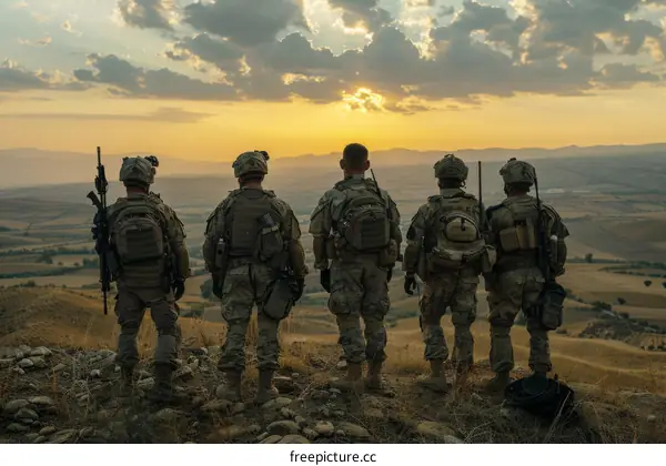 Five soldiers in military uniform looking at the sunset