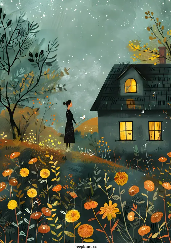 Woman Standing in Front of a House With Flowers and Trees