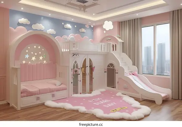 Adorable Pink Princess Bedroom with a Slide and Storage