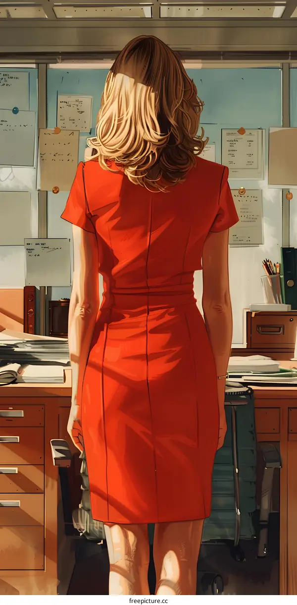 Woman in Red Dress Looking at Wall of Notes in Office