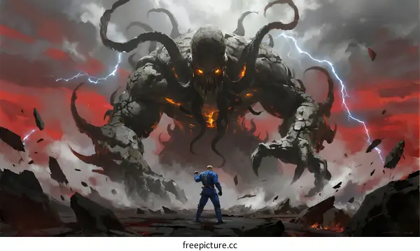 Epic battle between human warrior and giant dark tentacle monster in apocalyptic landscape