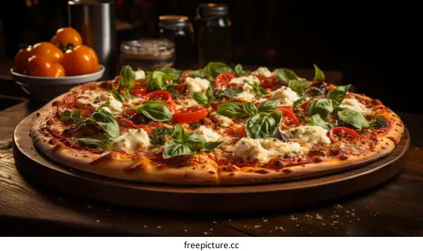 A delicious pizza with tomatoes, basil, broccoli, and cheese