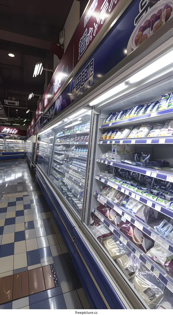 Refrigerated Display Case Filled With Food Products In A Grocery Store