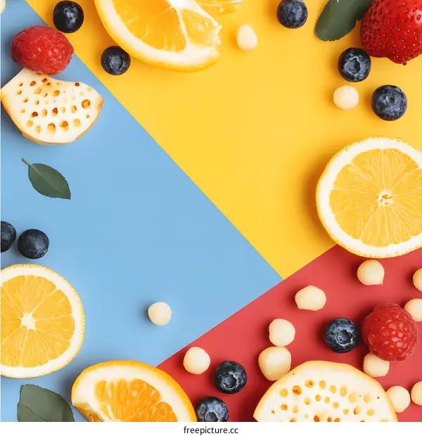 Colorful Fruit and Leaves on a Yellow and Blue Background