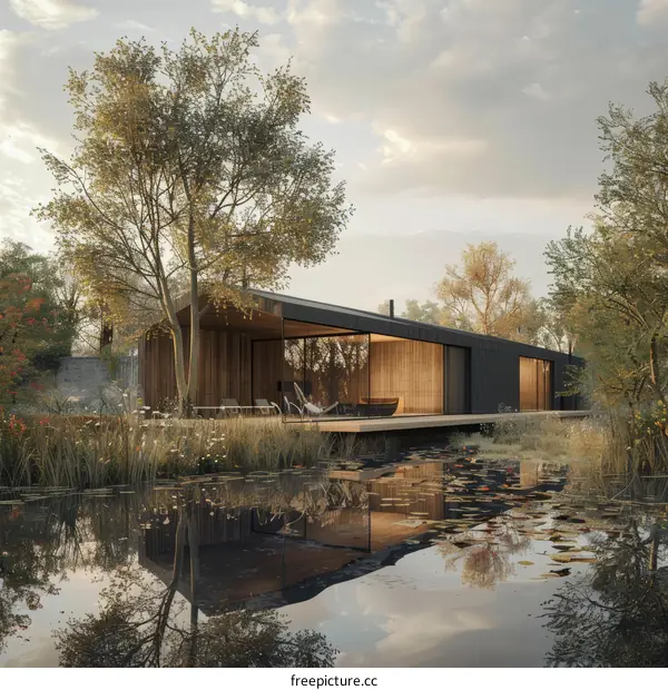 Modern Black House with Expansive Glass Windows Surrounded by Nature