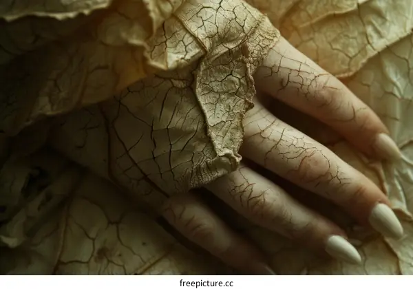 Dried up female hand with a leaf laying on top