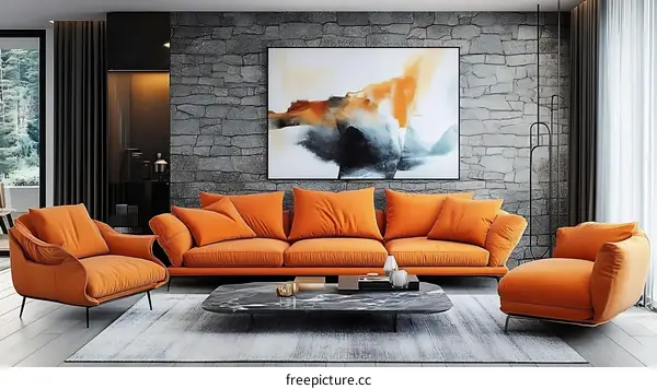 Modern Orange Living Room with Stone Wall and Abstract Art