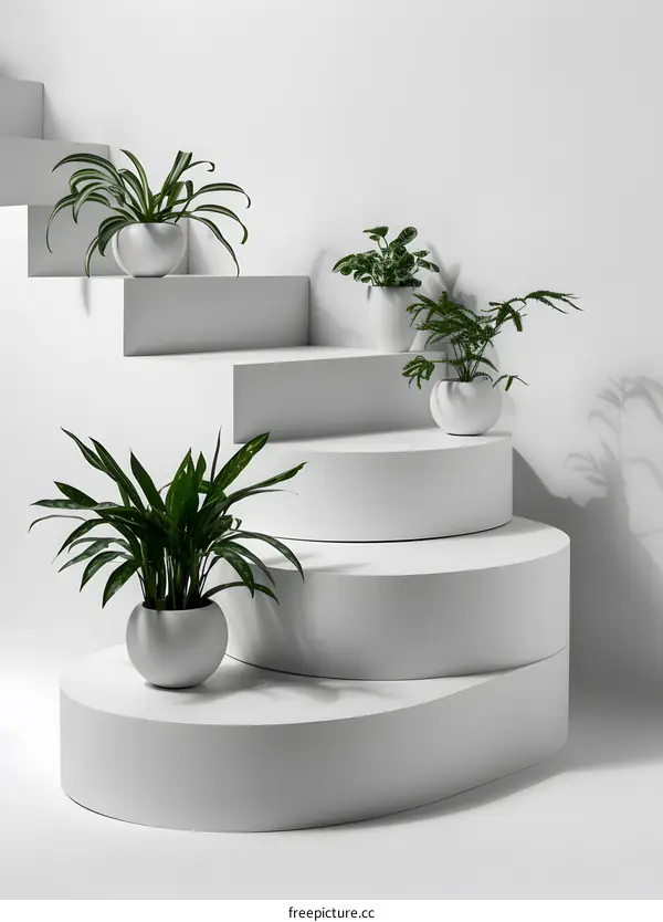 White Staircase with Green Plants in White Pots