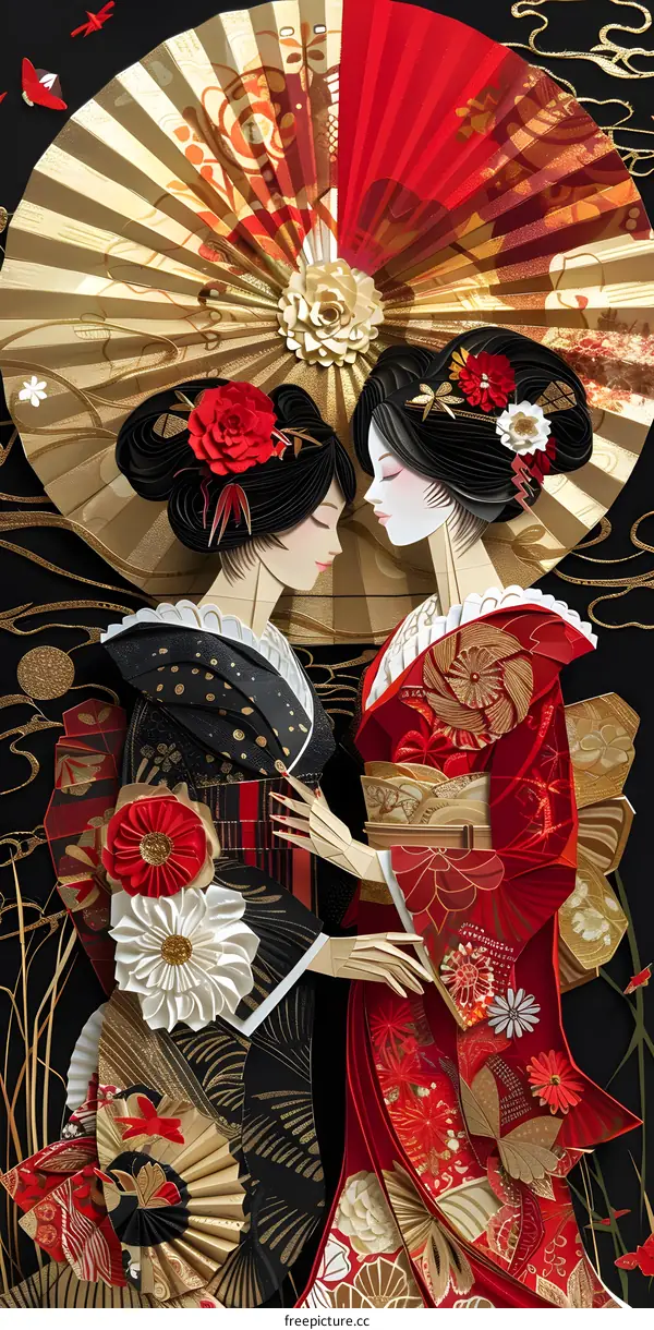 Two Japanese women in traditional kimonos with red and gold patterns and hair accessories