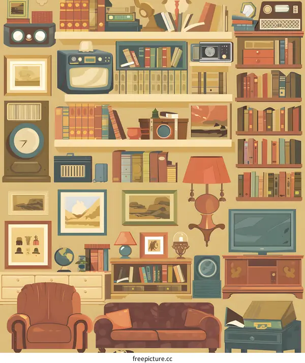 Vintage Living Room Interior With Bookshelves And Furniture