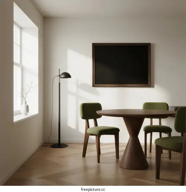 Modern minimalist dining room with wooden table and green chairs