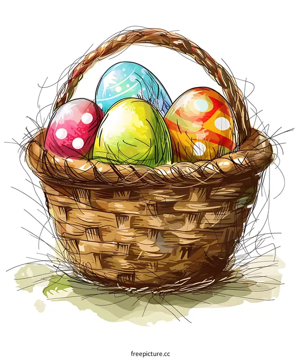 Colorful Easter Eggs In Wicker Basket Illustration