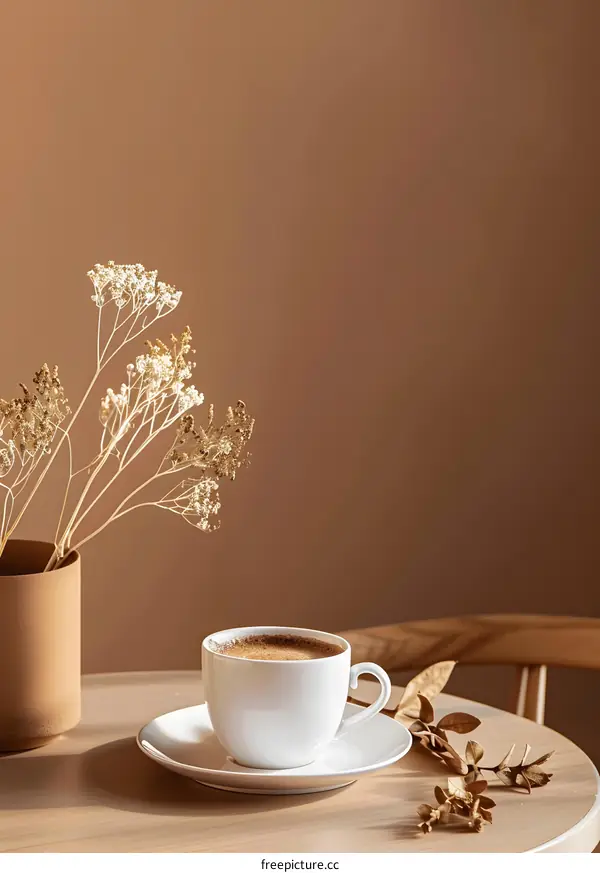 Minimalist Coffee Cup with Dried Flowers on a Table