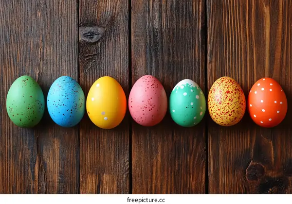 Colorful Easter Eggs on Wooden Background