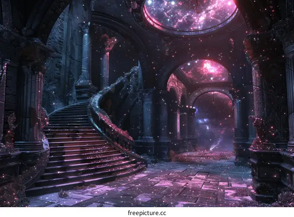 Fantasy Palace Staircase with Glowing Pink Crystals