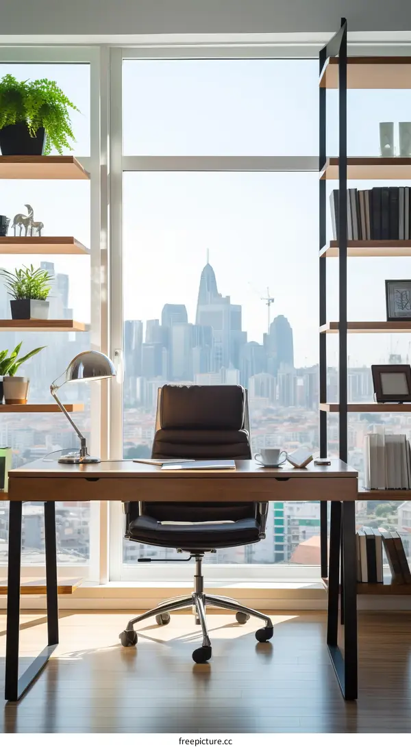 Modern office interior with large windows and city view