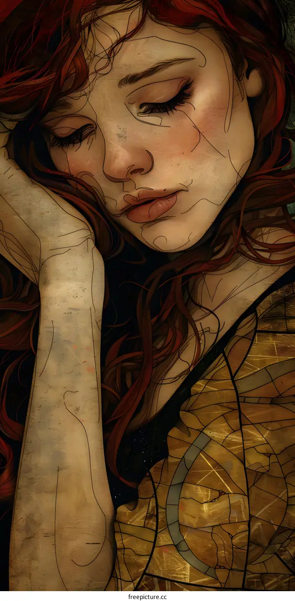 A digital painting of a redhead woman with her head resting on her arm.