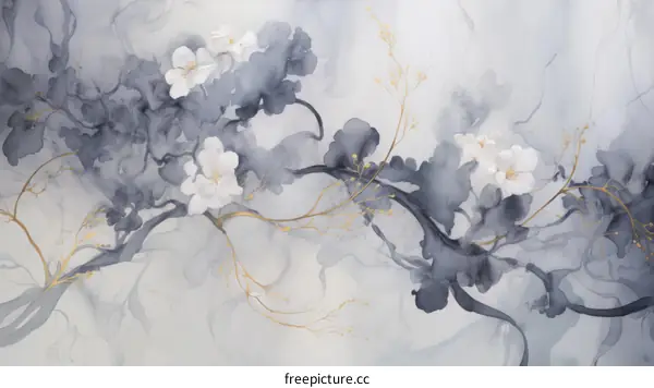 White and blue flowers with golden branches on a white background