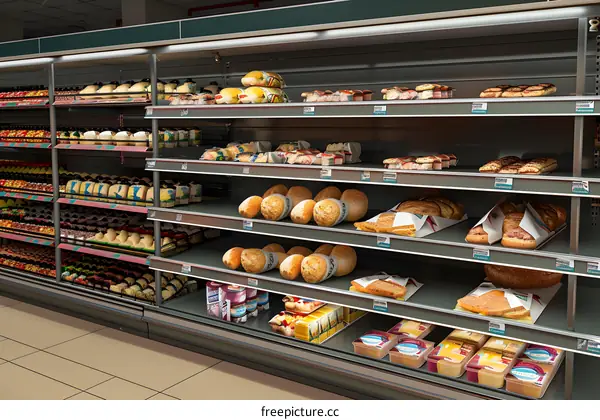 Supermarket Bakery Section with Various Baked Goods