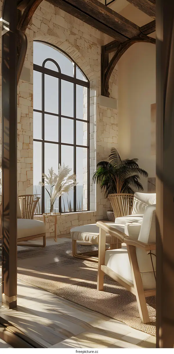 Modern Living Room with Arch Window and Stone Wall