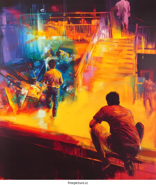 Abstract Painting of People Looking Down a Staircase