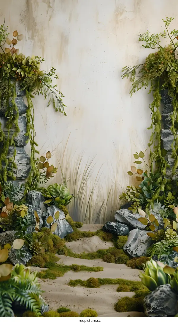 Green Mossy Wall With Stone Background For Photography