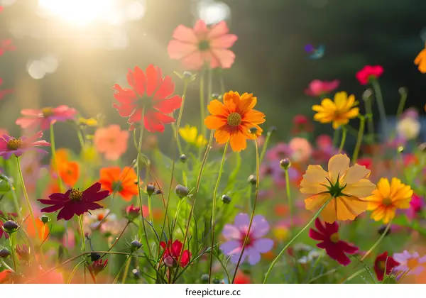 Colorful Cosmos Flowers Blooming in Sunlight