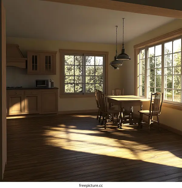 Kitchen and Dining Room Interior Design with Wooden Cabinets and Table